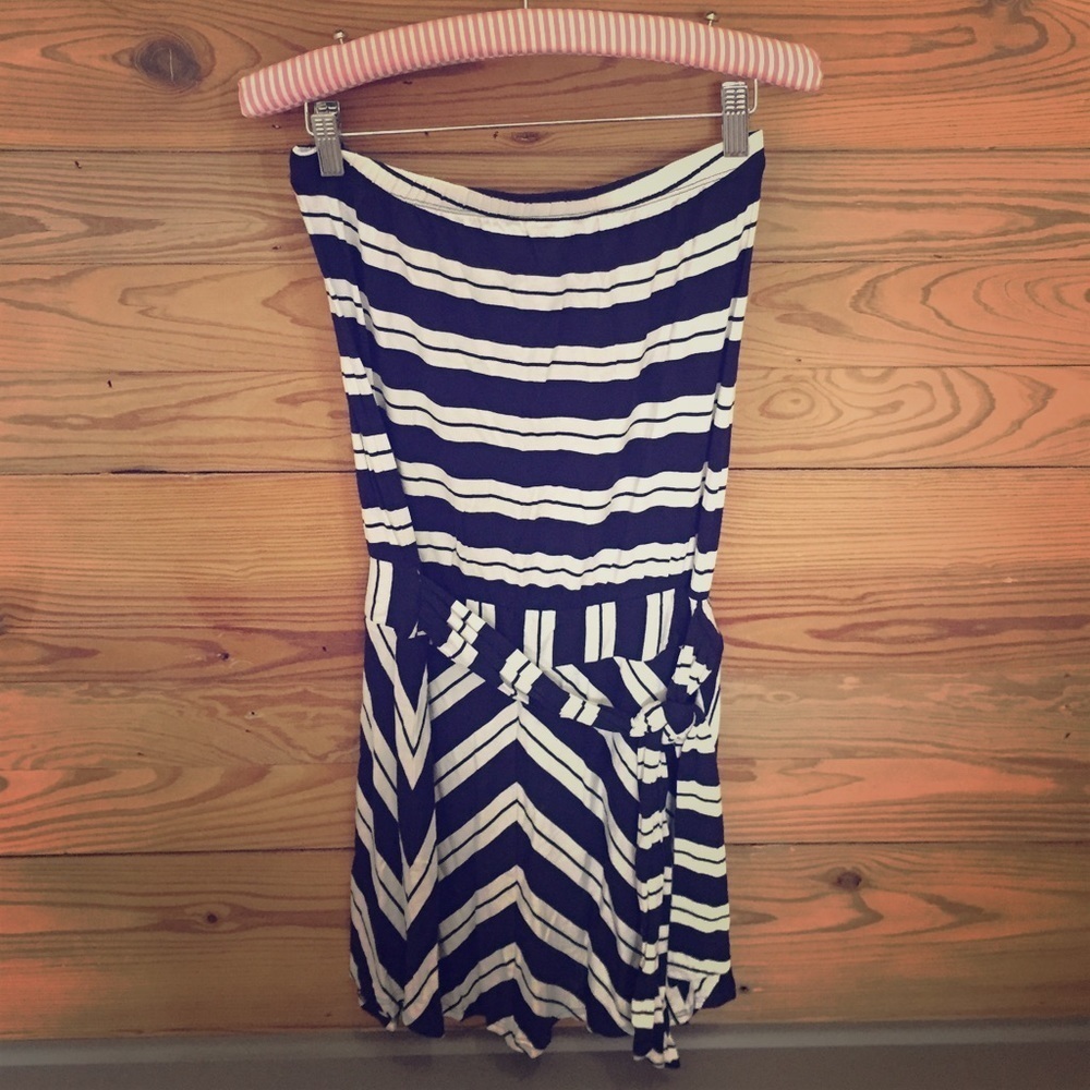 Strapless Navy Blue and White Striped Dress Size Small
